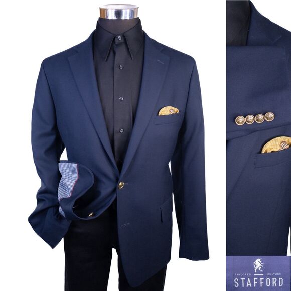 Stafford Blazer Mens 44R Navy Blue Wool Sport Coat Gold Buttons Jacket EUC - Picture 1 of 13